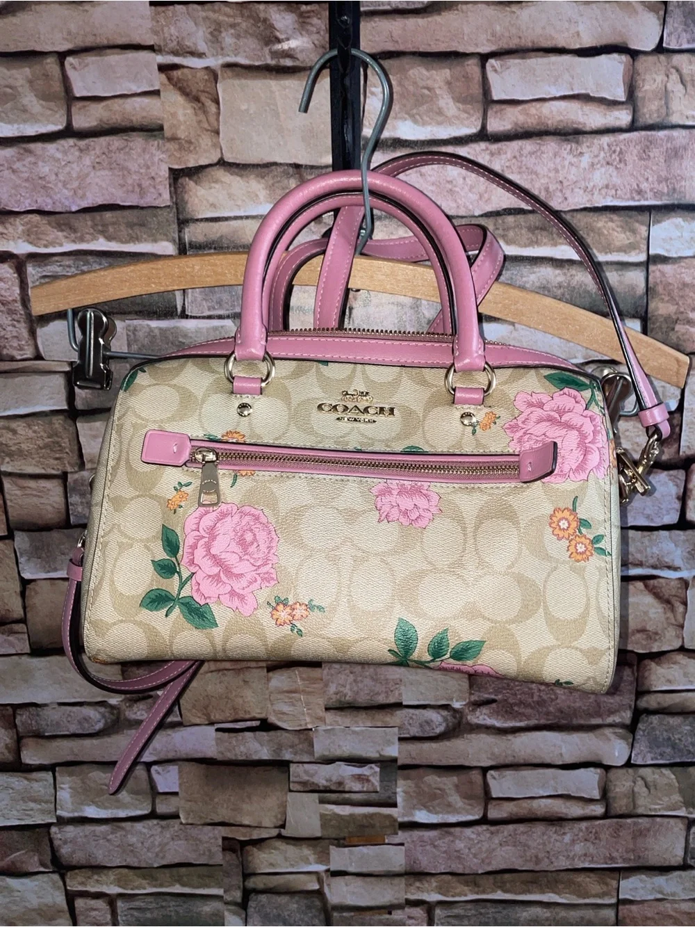 Coach Beige Signature Floral Dome Satchel with Pink Trim